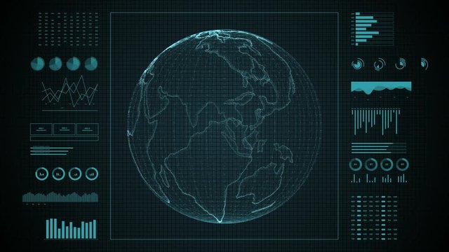 Animation Of User Interface Hud. Globe World Moving On Technological Display Background.