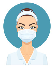 Medical Doctor Woman in Lab Coat with Surgical Face Mask. Virus Protection. Health Care Concept. Vector Illustration