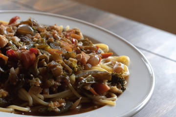 Healthy food on wooden table