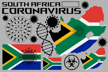 An illustration of a coronavirus, with flags and the territory of the country of South Africa. Coronavirus cells, a genetic helix, and a biohazard sign.