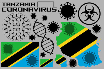 Illustration of a coronavirus, with flags and the territory of the country of Tanzania. Coronavirus cells, a genetic helix, and a biohazard sign.