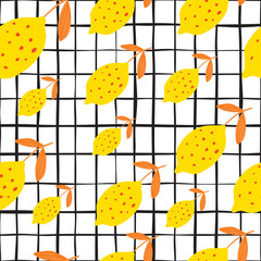 Abstract yellow lemon with leaves seamless pattern stripes background.