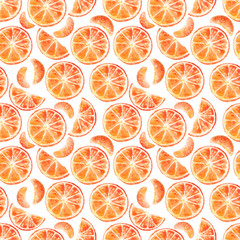 Watercolor seamless pattern with mandarins slices. Tangerine, clementine background. Hand painted sketch elements for design Can be used for textiles, stationery, corporate identity, wallpaper.