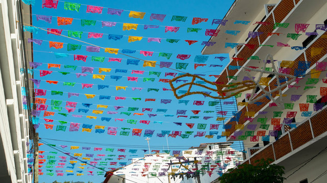 Bright Colored Flags In Old Town Puerto Vallarta Mexico