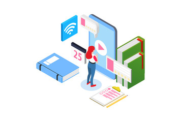 Modern Isometric Smart E-Learning Technology Illustration, Suitable for Diagrams, Infographics, Book Illustration, Game Asset, And Other Graphic Related Assets