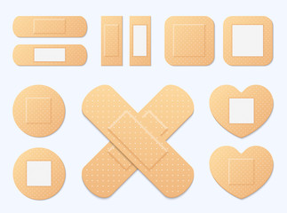 Adhesive bandage elastic medical plasters vector set. Illustration of medical plaster, elastic bandage patch