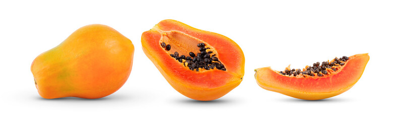 ripe papaya fruit with seeds isolated on white background - obrazy, fototapety, plakaty