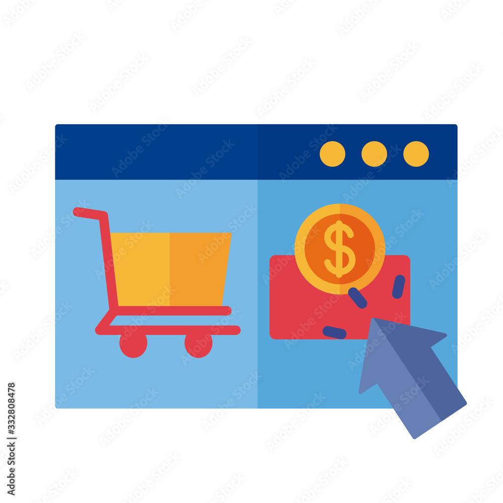 Poster template web with coin and cart shopping payment online flat style