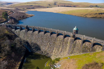 Aerial view of Craig goch elan valley on a bright sunny day in march 2020 winter