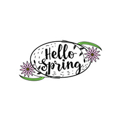 hello spring word lettering and flowers vector