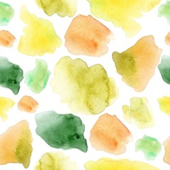 Naklejka premium Seamless abstract watercolor pattern. Orange green yellow aquarelle spots. Hand drawn seamless abstract background for print on fabric or wrapping paper.