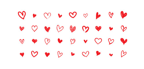 Set of red doodle hearts. Heart drawn the hand. Vector illustration.
