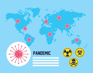 Obraz premium covid 19 particle with caution signals