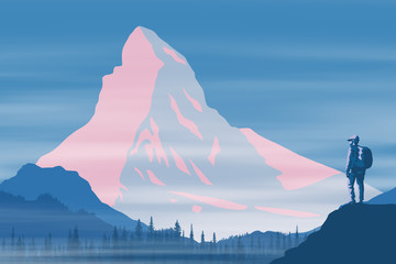 A tourist with a backpack on a rock meets dawn. Vector drawing of Matterhorn, Alps. Traveling in the mountains, climbing.  - obrazy, fototapety, plakaty