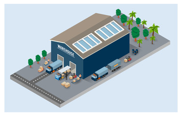 Modern isometric warehouse, delivery service, Storage building, forklifts, cargo and trucks for shipping. Vector illustration