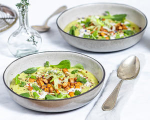 Broccoli Soup with Tofu Croutons and Valerian Leaves