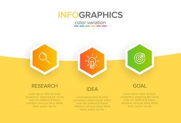 Concept of arrow business model with 3 successive steps. Three colorful graphic elements. Timeline design for brochure, presentation. Infographic design layout.