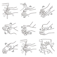 感染症予防のための正しい手洗いの方法　白黒線画