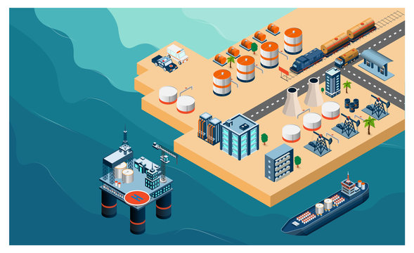 Oil And Gas Refinery Concept 3d Isometric With Offshore Oil Rig, Tanker, Pump, Transportation,  Factory And Gas Station. Vector Illustration.