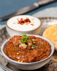 Muhammara with hommade bread and yogurt sauce