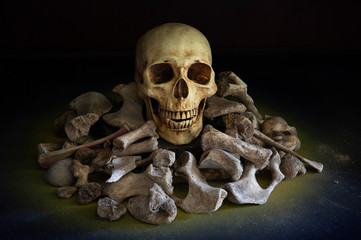 The skull on pile of bone on black background
