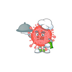 chef cartoon character of coronavirus disaster with food on tray