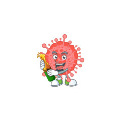 mascot cartoon design of coronavirus disaster with bottle of beer
