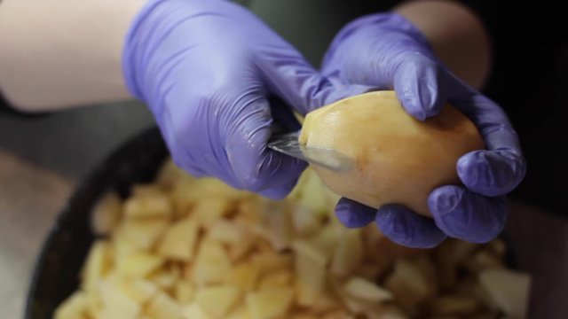 Close up portrait of Caucasian person with purple gloves cutting potato