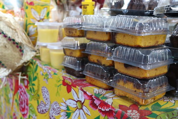 Carrot cake with chocolate icing and other Brazilian sweets.