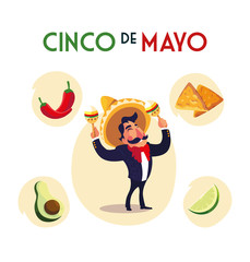 mexican mariachi with set icons of the cinco de mayo