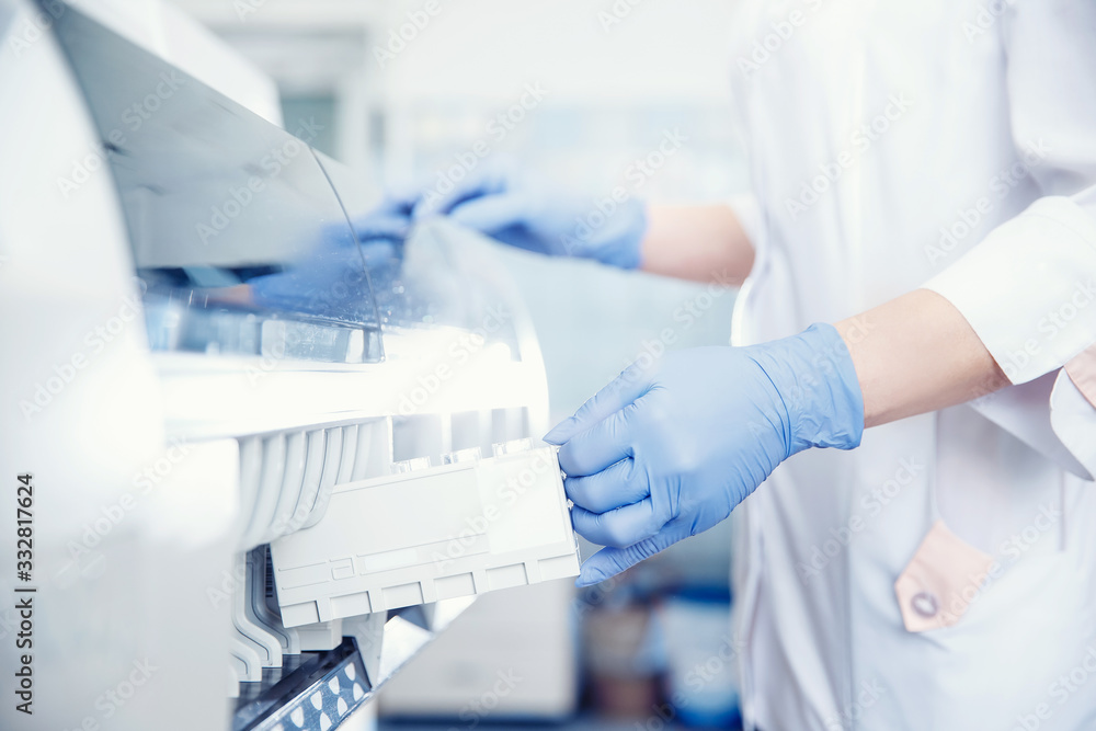 Wall mural bioengineer installs blood plasma sample in automatic tester for dna analysis and checks response to