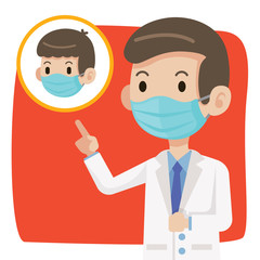 Doctor wearing protective surgical mask and advise people to wear surgical mask to protect against virus coronavirus Covid-19 - vector character