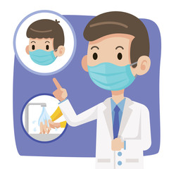 Doctor wearing protective surgical mask and advise people to wear surgical mask and washing hands to protect against virus coronavirus Covid-19 - vector character