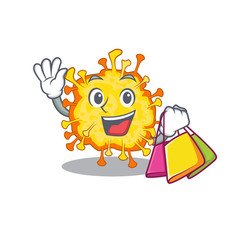Happy rich minacovirus mascot design waving and holding Shopping bag
