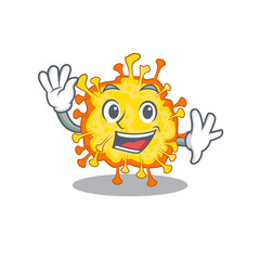 Smiley minacovirus cartoon mascot design with waving hand