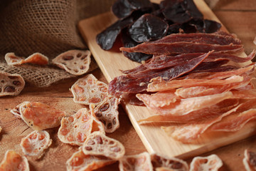Dog food and snack, beef jerky, chicken jerky, duck gizzard, lotus root for dog