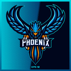 Blue Phoenix grab text esport and sport mascot logo design in modern illustration concept for team badge, emblem and thirst printing. Phoenix illustration on Light Blue Background. Vector illustration