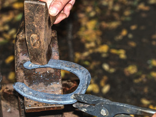 Skilled smith man striking a red hot horseshoe on the anvil.