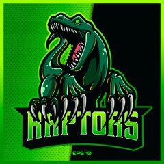 Angry Green Raptors Roar esport and sport mascot logo design in modern illustration concept for team badge, emblem and thirst printing. Raptors illustration on Green Background. Vector illustration