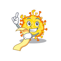 cartoon character of minacovirus holding menu ready to serve