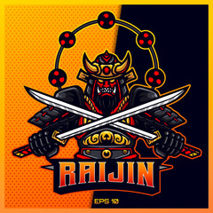 Samurai Oni Mask grab sword esport and sport mascot logo design in modern illustration concept for team badge, emblem and thirst printing. Ninja illustration on Gold Background. Vector illustration