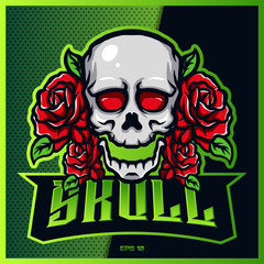 Smile Skull Rose Flower esport and sport mascot logo design in modern illustration concept for team badge, emblem and thirst printing. Smile Skull illustration on Green Background. Vector illustration