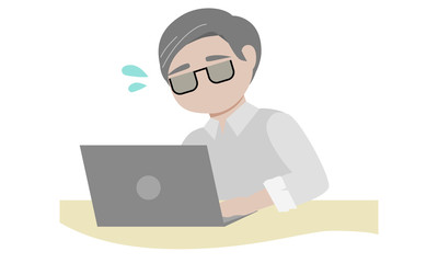 パソコン操作に苦戦する年配男性社員のイラスト