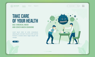 Flat design of people try to stop other and ask to cover when coughing on landing page