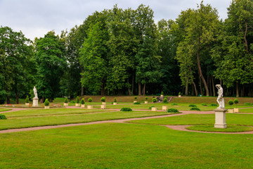 View of lower Dutch garden with marble statues in Gatchina park, Russia