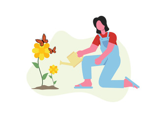 young women gardening and watering sunflower Vector flat design illustration