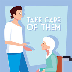 young man take care of old woman, label take care of them
