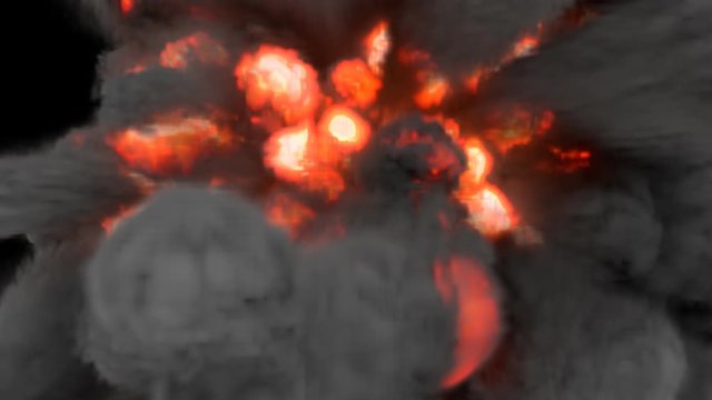 Animated many fireballs of swirling flames with dense dark smoke shooting from center and expanding through entire screen. Black background, mask included.