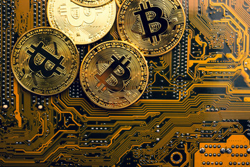 Golden coins with bitcoin symbol on a mainboard.