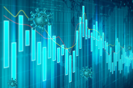 Coronavirus Financial Crisis Banner Concept. Background Concept With Falling Stock Charts And Financial Diagram. Illustration With 3d Realistic Microscopic Virus Covid 19-NCP.